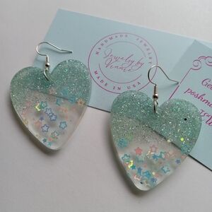 Hand Crafted Glittering Heart Earrings - Green and Silver
